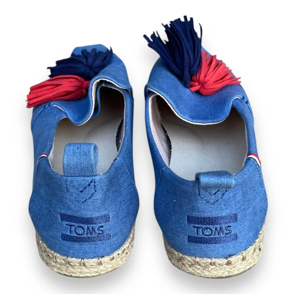 Clare V. x TOMS Women's 8 Blue Chambray Espadrille Tassel Slip On Shoes Flat